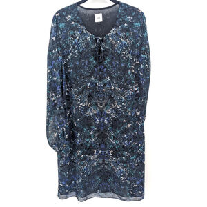 Cabi Dress Womens Large‎ Black Blue Floral Long Sleeve Sheer Lined Boho 3339